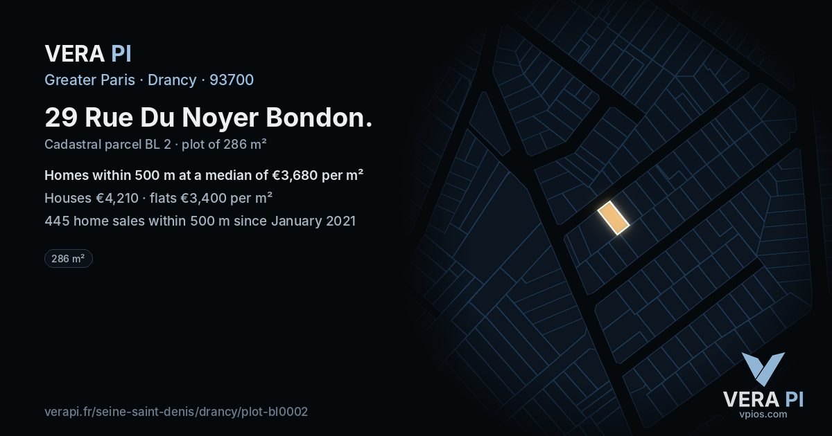 29 Rue Du Noyer Bondon, Drancy at night – the plot lit, the parcels around coloured by the prices near them
