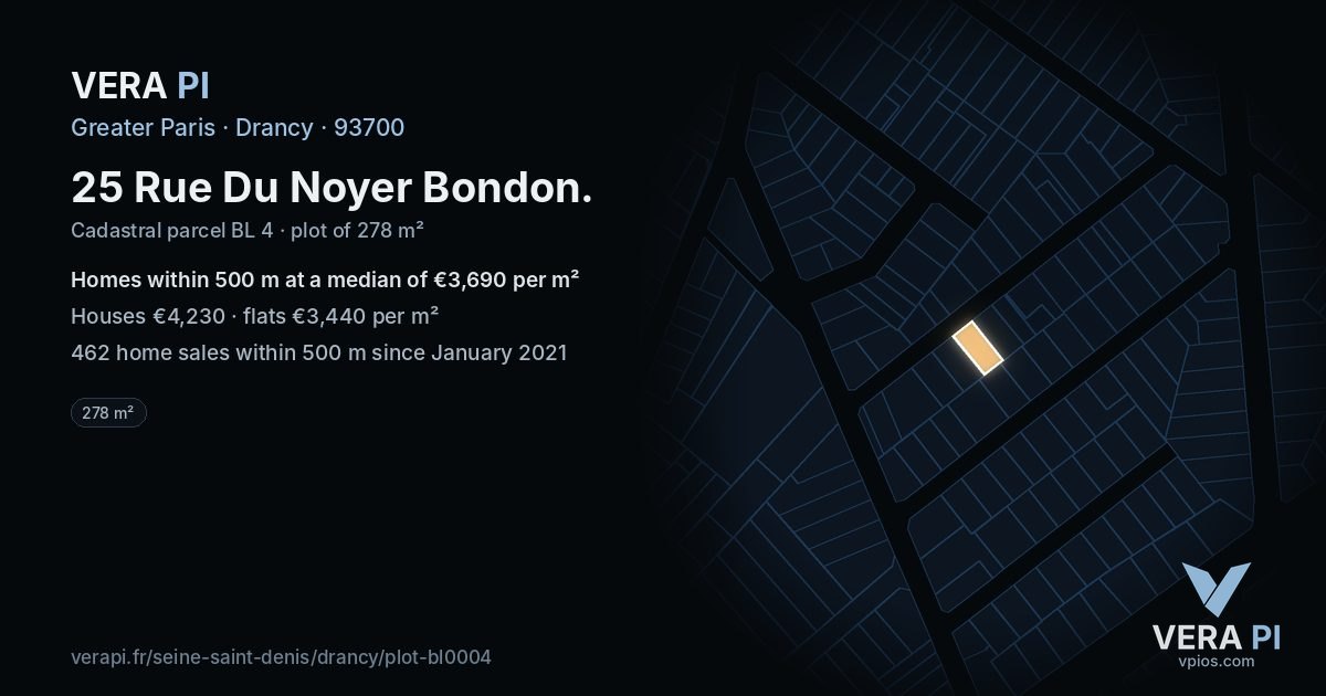 25 Rue Du Noyer Bondon, Drancy at night – the plot lit, the parcels around coloured by the prices near them
