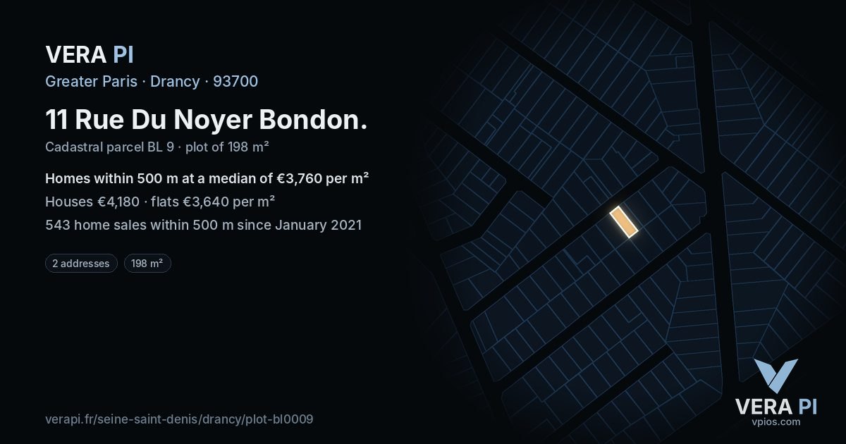 11 Rue Du Noyer Bondon, Drancy at night – the plot lit, the parcels around coloured by the prices near them
