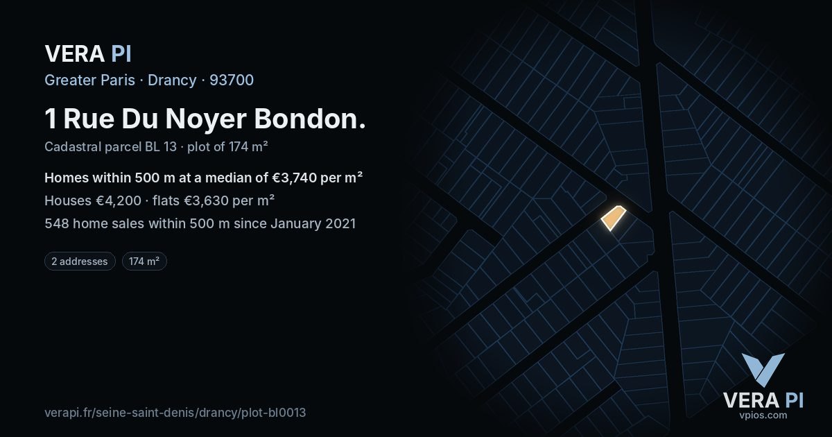 1 Rue Du Noyer Bondon, Drancy at night – the plot lit, the parcels around coloured by the prices near them