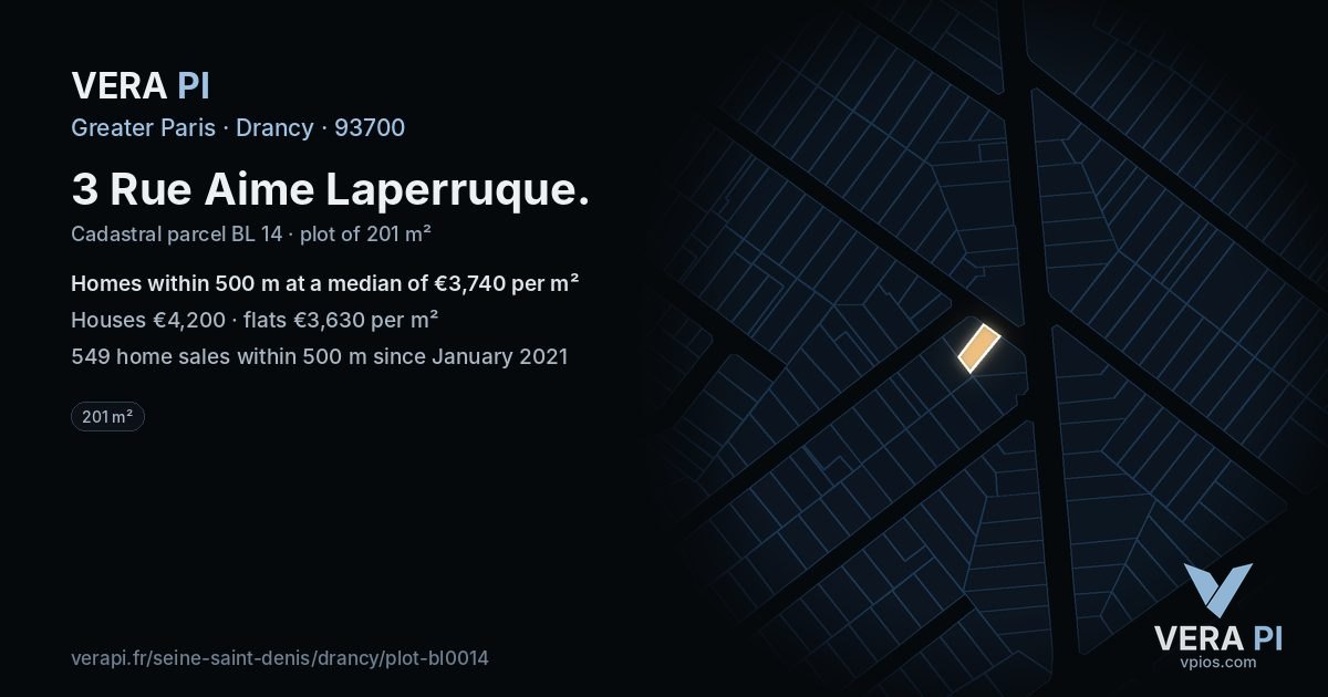 3 Rue Aime Laperruque, Drancy at night – the plot lit, the parcels around coloured by the prices near them