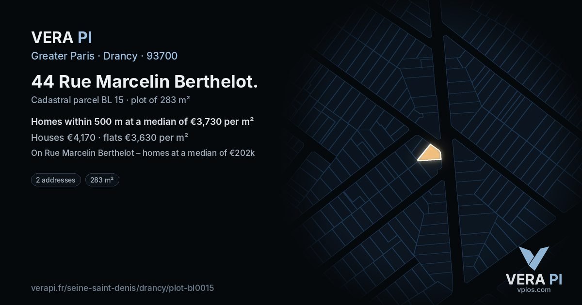 44 Rue Marcelin Berthelot, Drancy at night – the plot lit, the parcels around coloured by the prices near them