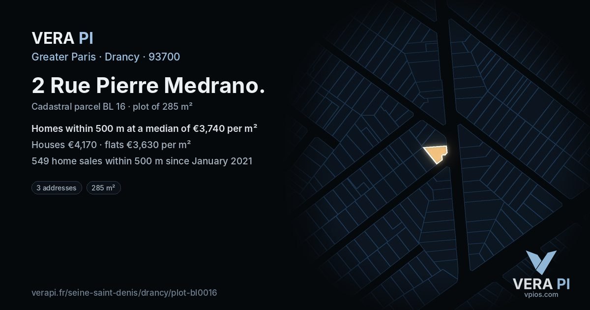 2 Rue Pierre Medrano, Drancy at night – the plot lit, the parcels around coloured by the prices near them