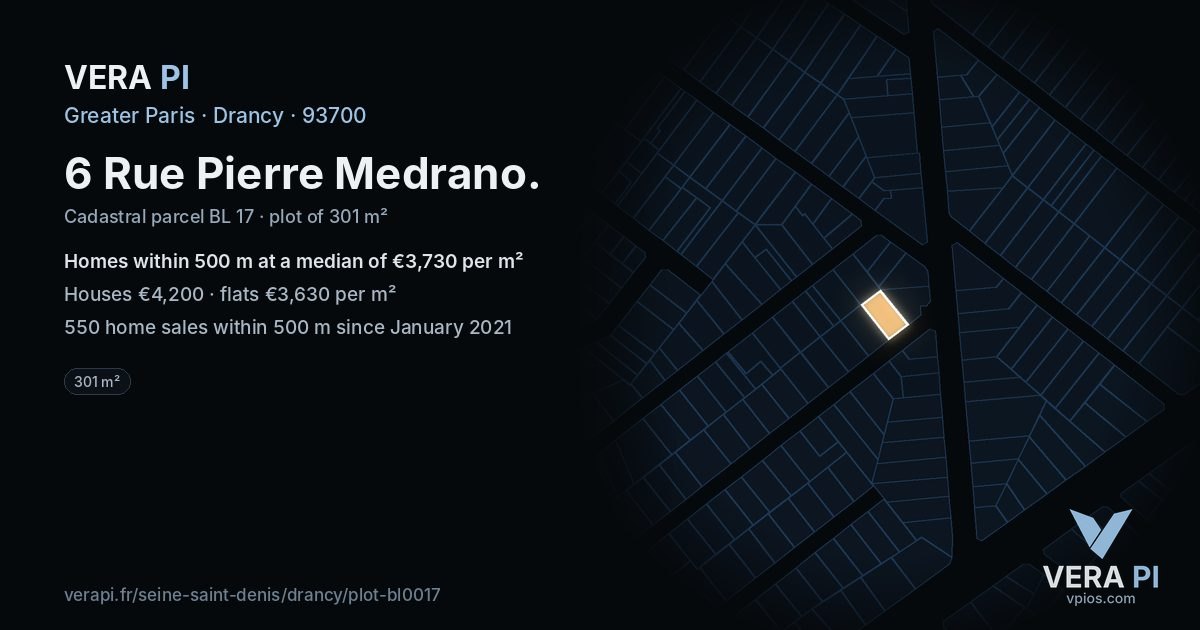 6 Rue Pierre Medrano, Drancy at night – the plot lit, the parcels around coloured by the prices near them