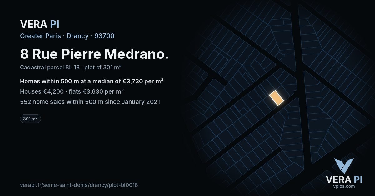 8 Rue Pierre Medrano, Drancy at night – the plot lit, the parcels around coloured by the prices near them