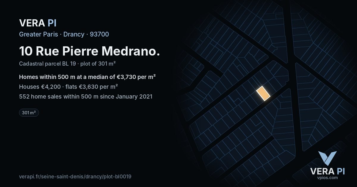 10 Rue Pierre Medrano, Drancy at night – the plot lit, the parcels around coloured by the prices near them