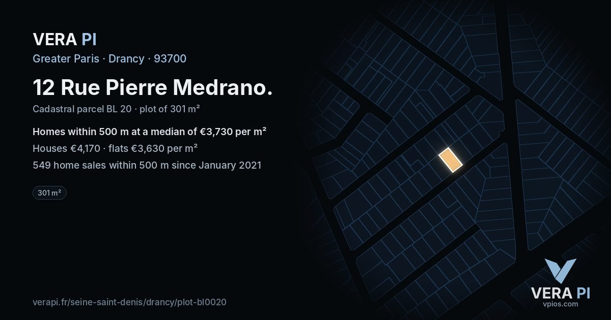 12 Rue Pierre Medrano, Drancy at night – the plot lit, the parcels around coloured by the prices near them