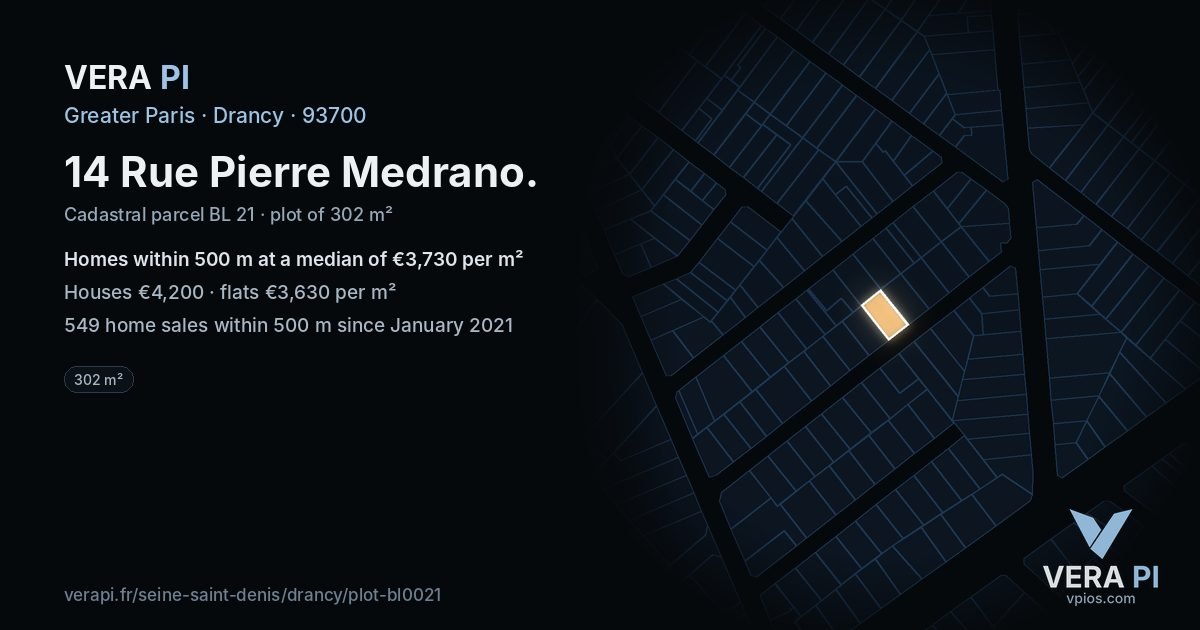 14 Rue Pierre Medrano, Drancy at night – the plot lit, the parcels around coloured by the prices near them