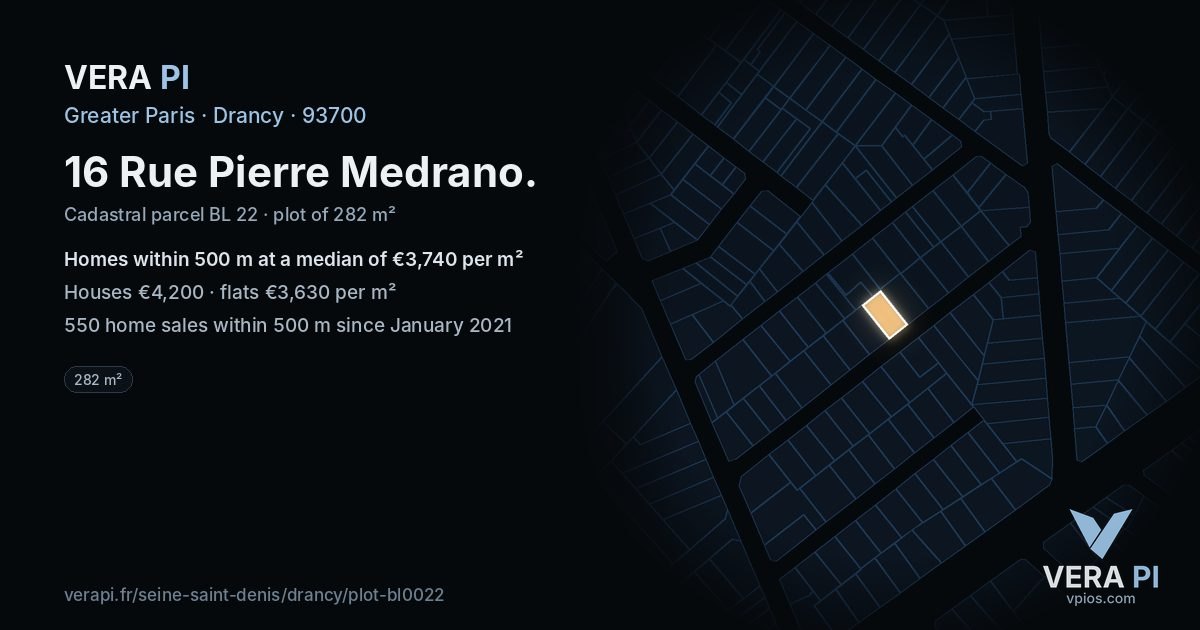 16 Rue Pierre Medrano, Drancy at night – the plot lit, the parcels around coloured by the prices near them