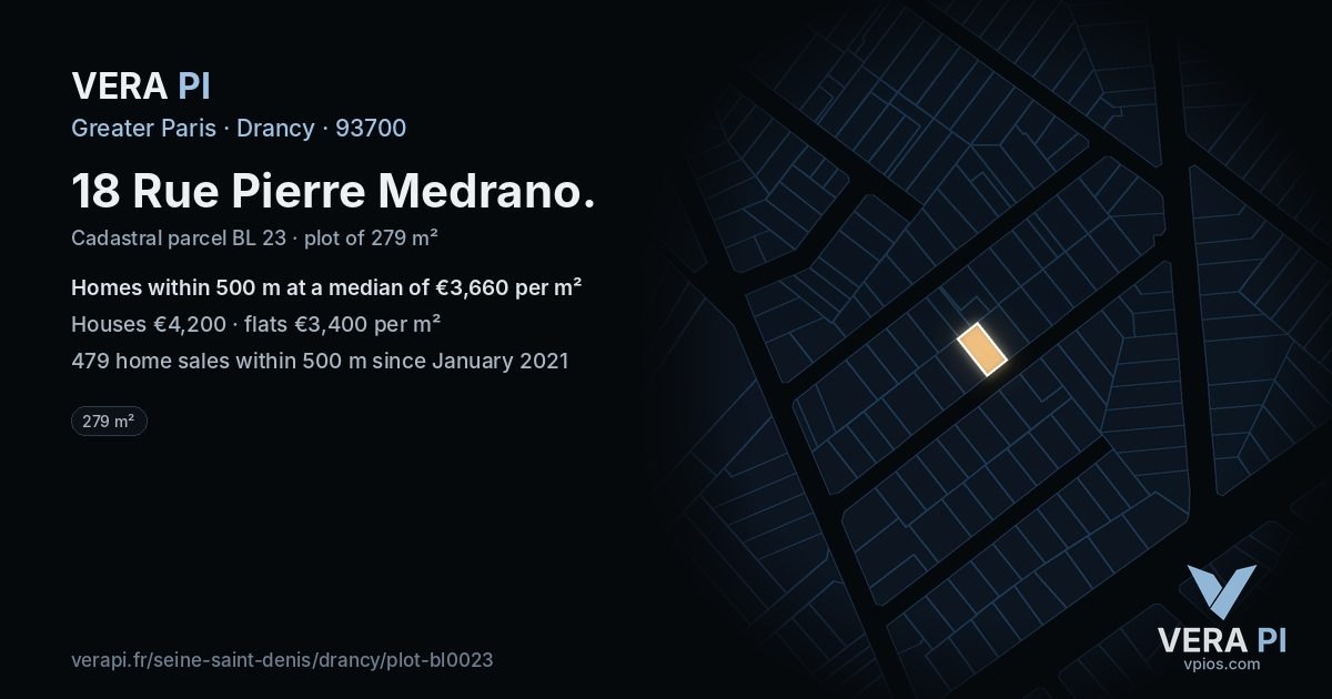 18 Rue Pierre Medrano, Drancy at night – the plot lit, the parcels around coloured by the prices near them