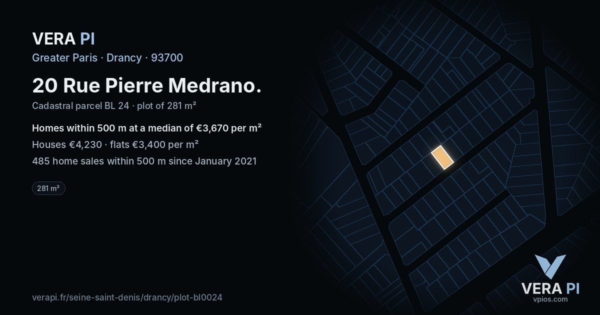 20 Rue Pierre Medrano, Drancy at night – the plot lit, the parcels around coloured by the prices near them