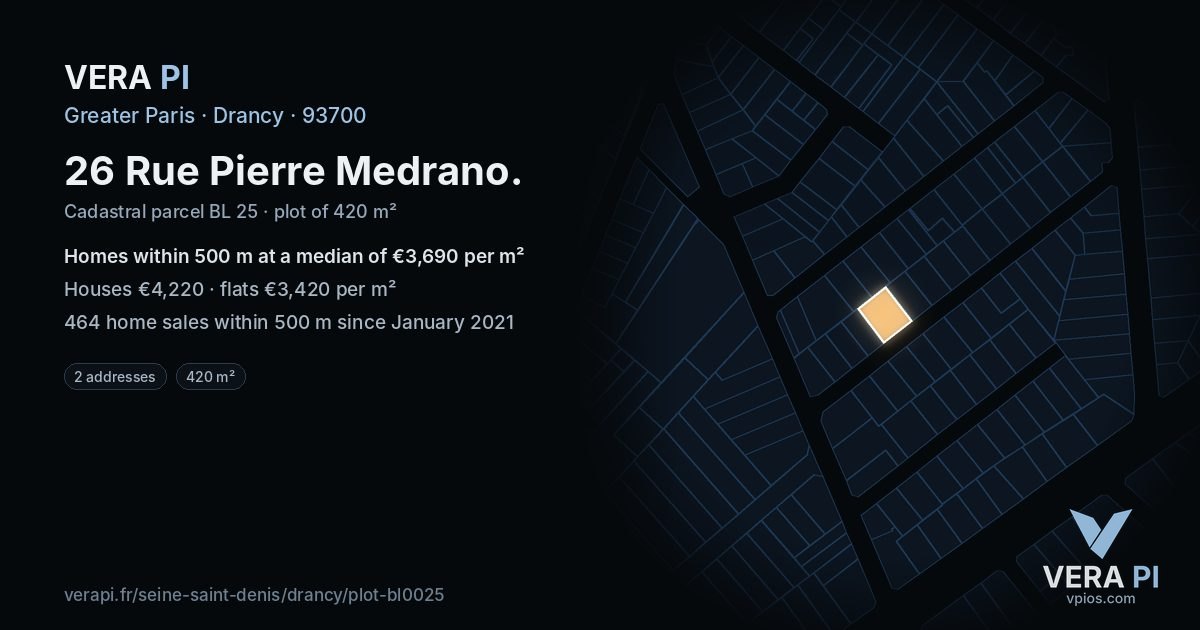 26 Rue Pierre Medrano, Drancy at night – the plot lit, the parcels around coloured by the prices near them