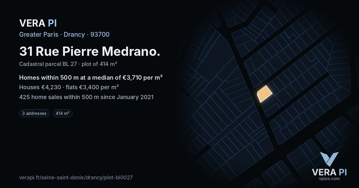 31 Rue Pierre Medrano, Drancy at night – the plot lit, the parcels around coloured by the prices near them