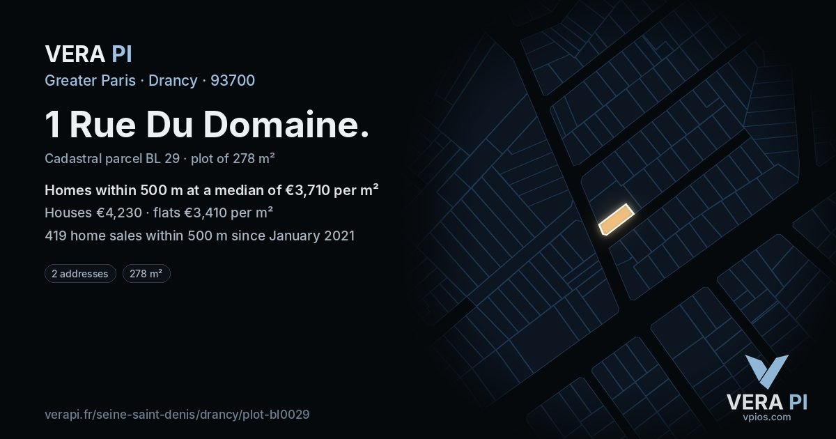 1 Rue Du Domaine, Drancy at night – the plot lit, the parcels around coloured by the prices near them