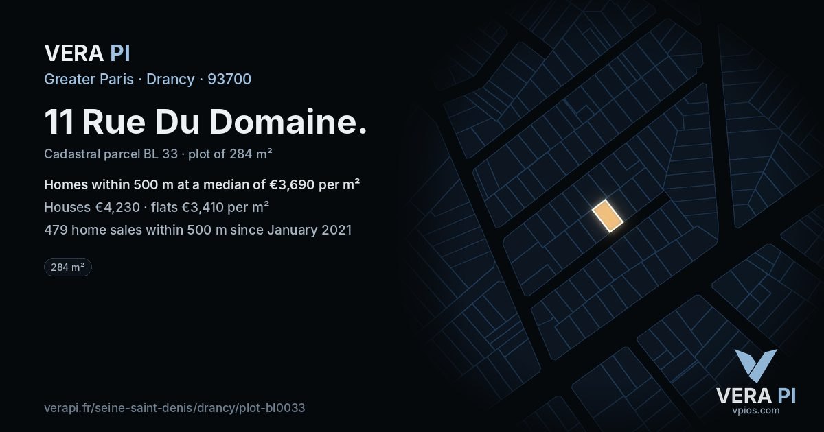 11 Rue Du Domaine, Drancy at night – the plot lit, the parcels around coloured by the prices near them