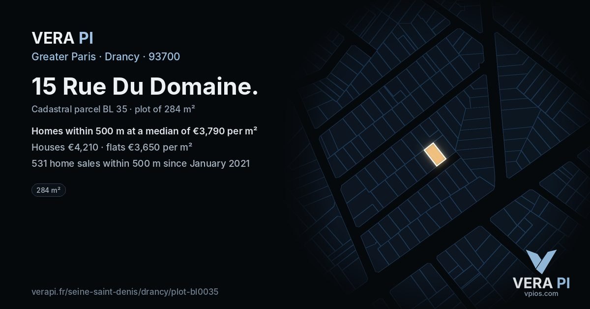 15 Rue Du Domaine, Drancy at night – the plot lit, the parcels around coloured by the prices near them