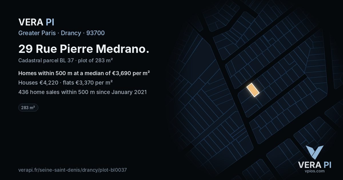 29 Rue Pierre Medrano, Drancy at night – the plot lit, the parcels around coloured by the prices near them