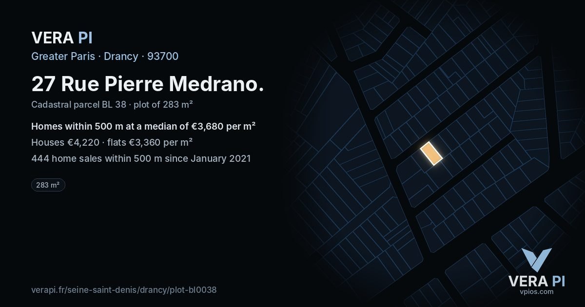 27 Rue Pierre Medrano, Drancy at night – the plot lit, the parcels around coloured by the prices near them