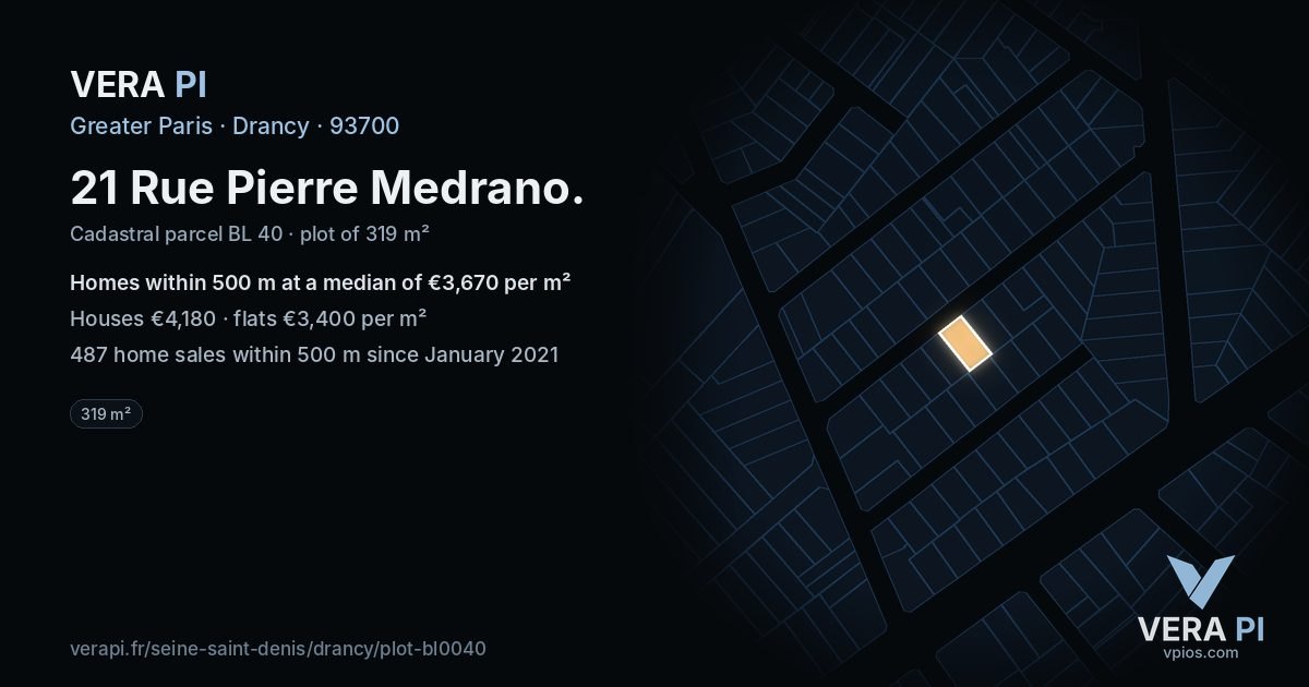 21 Rue Pierre Medrano, Drancy at night – the plot lit, the parcels around coloured by the prices near them