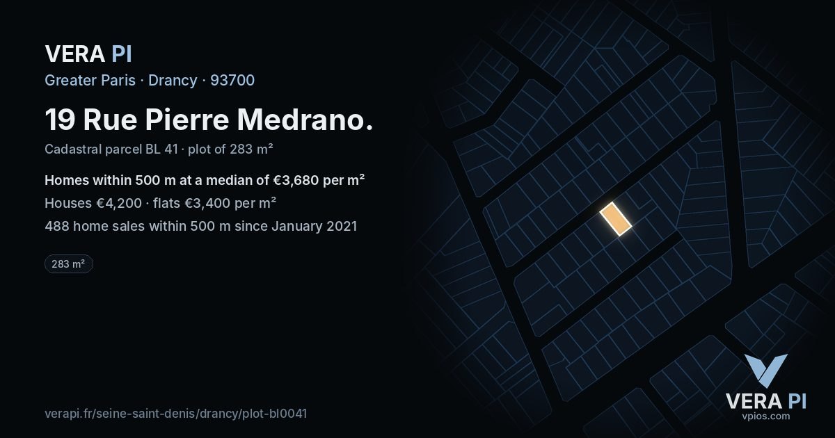 19 Rue Pierre Medrano, Drancy at night – the plot lit, the parcels around coloured by the prices near them