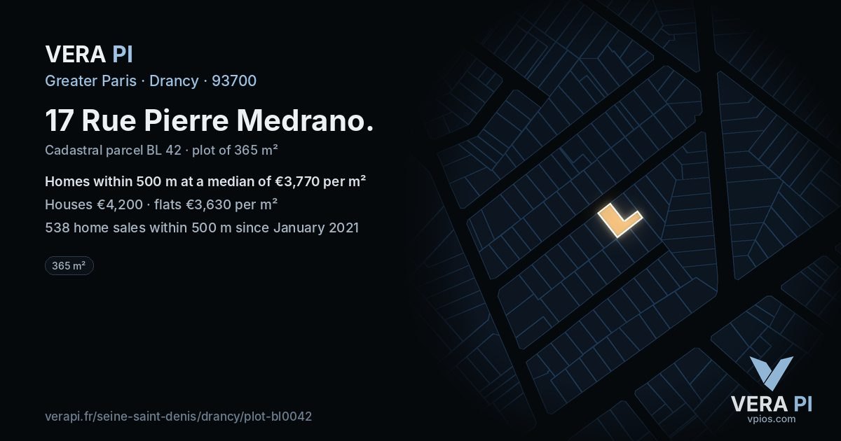 17 Rue Pierre Medrano, Drancy at night – the plot lit, the parcels around coloured by the prices near them