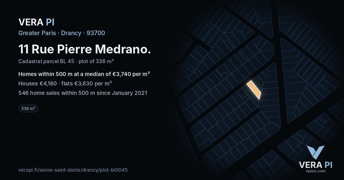 11 Rue Pierre Medrano, Drancy at night – the plot lit, the parcels around coloured by the prices near them