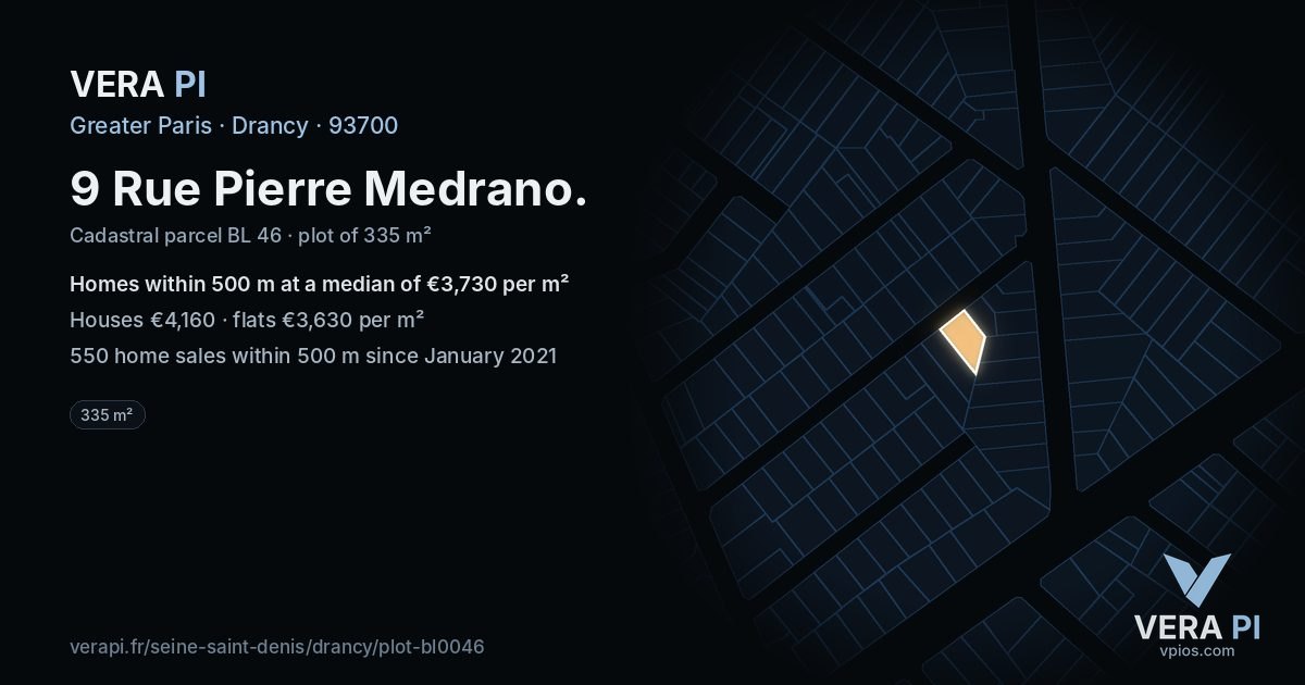 9 Rue Pierre Medrano, Drancy at night – the plot lit, the parcels around coloured by the prices near them