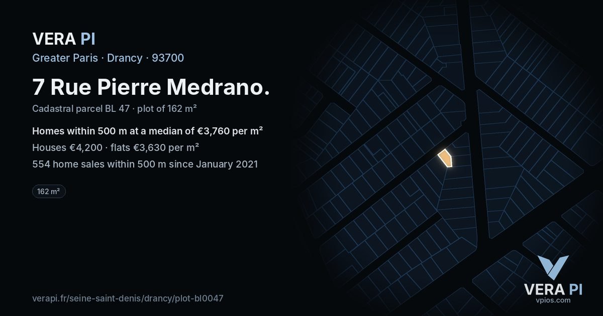 7 Rue Pierre Medrano, Drancy at night – the plot lit, the parcels around coloured by the prices near them