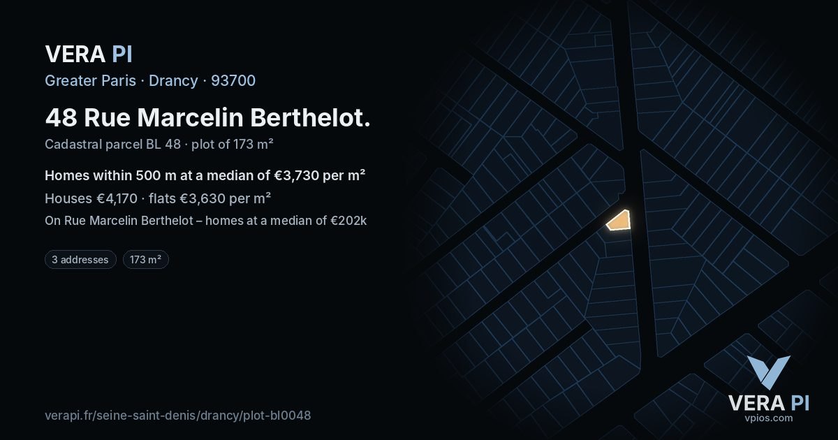 48 Rue Marcelin Berthelot, Drancy at night – the plot lit, the parcels around coloured by the prices near them