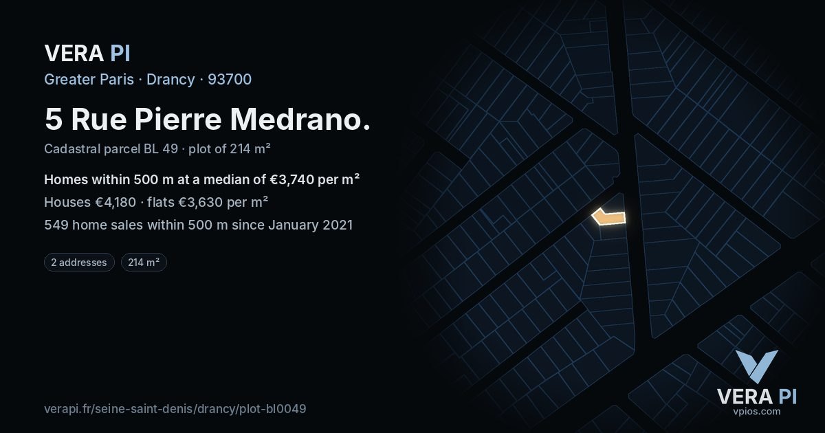 5 Rue Pierre Medrano, Drancy at night – the plot lit, the parcels around coloured by the prices near them