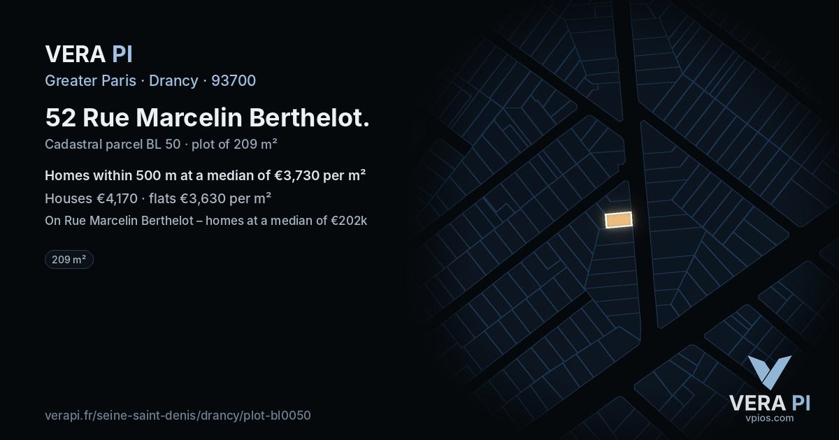 52 Rue Marcelin Berthelot, Drancy at night – the plot lit, the parcels around coloured by the prices near them