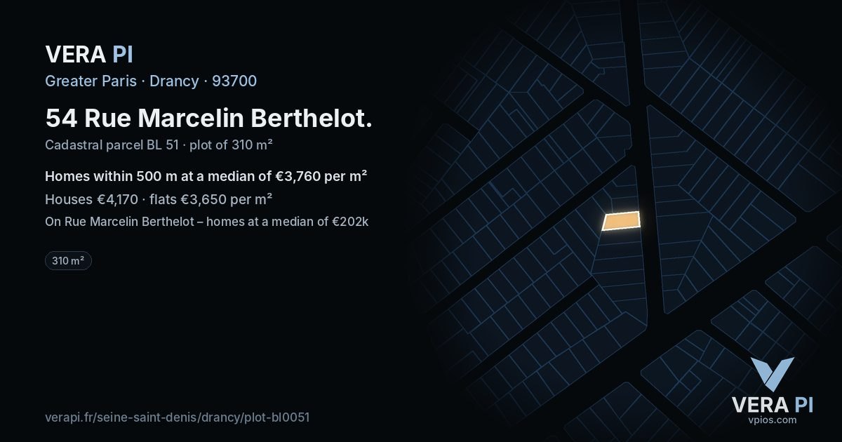 54 Rue Marcelin Berthelot, Drancy at night – the plot lit, the parcels around coloured by the prices near them