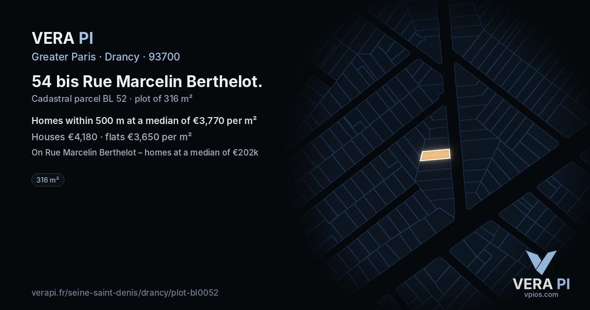 54 bis Rue Marcelin Berthelot, Drancy at night – the plot lit, the parcels around coloured by the prices near them