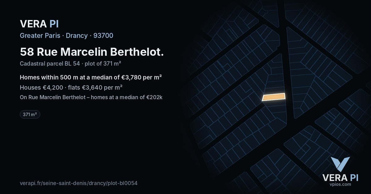58 Rue Marcelin Berthelot, Drancy at night – the plot lit, the parcels around coloured by the prices near them