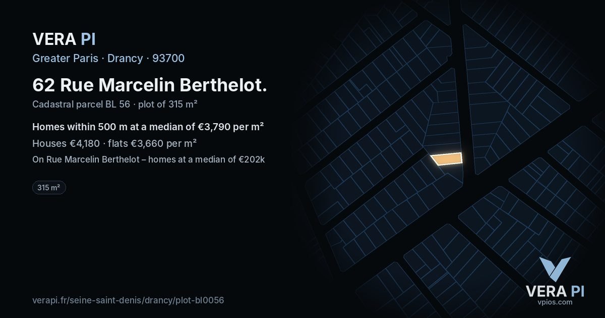 62 Rue Marcelin Berthelot, Drancy at night – the plot lit, the parcels around coloured by the prices near them
