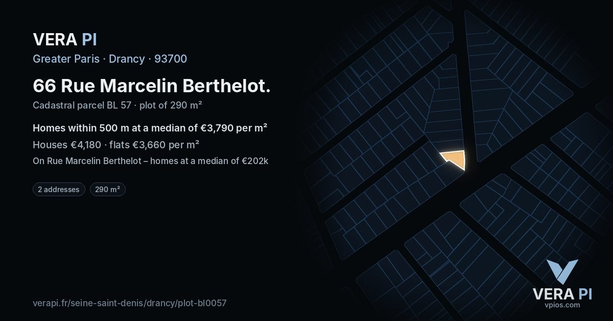 66 Rue Marcelin Berthelot, Drancy at night – the plot lit, the parcels around coloured by the prices near them