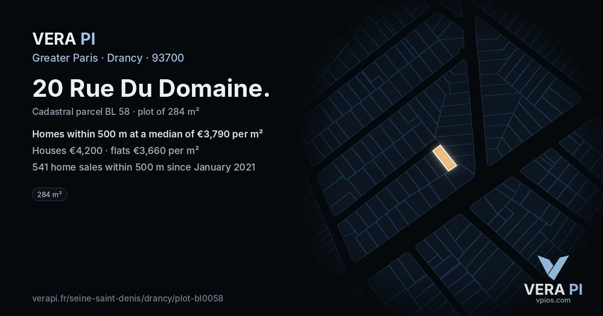 20 Rue Du Domaine, Drancy at night – the plot lit, the parcels around coloured by the prices near them