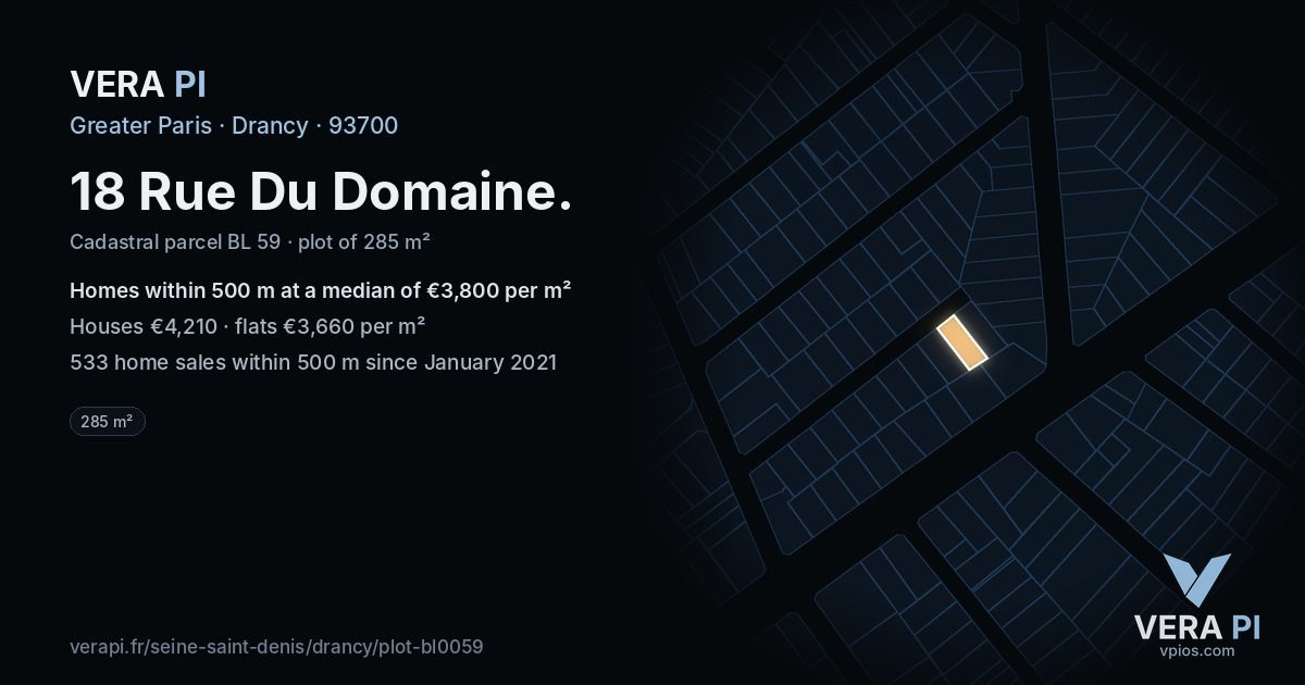 18 Rue Du Domaine, Drancy at night – the plot lit, the parcels around coloured by the prices near them