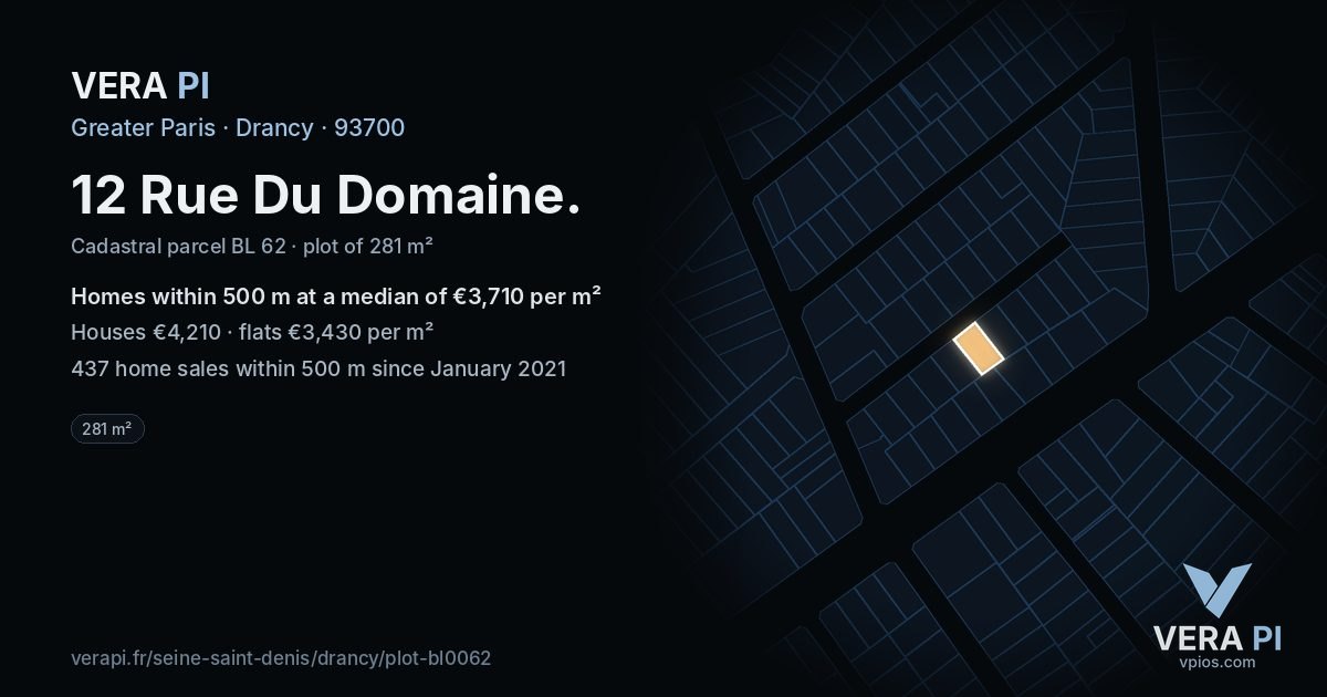 12 Rue Du Domaine, Drancy at night – the plot lit, the parcels around coloured by the prices near them