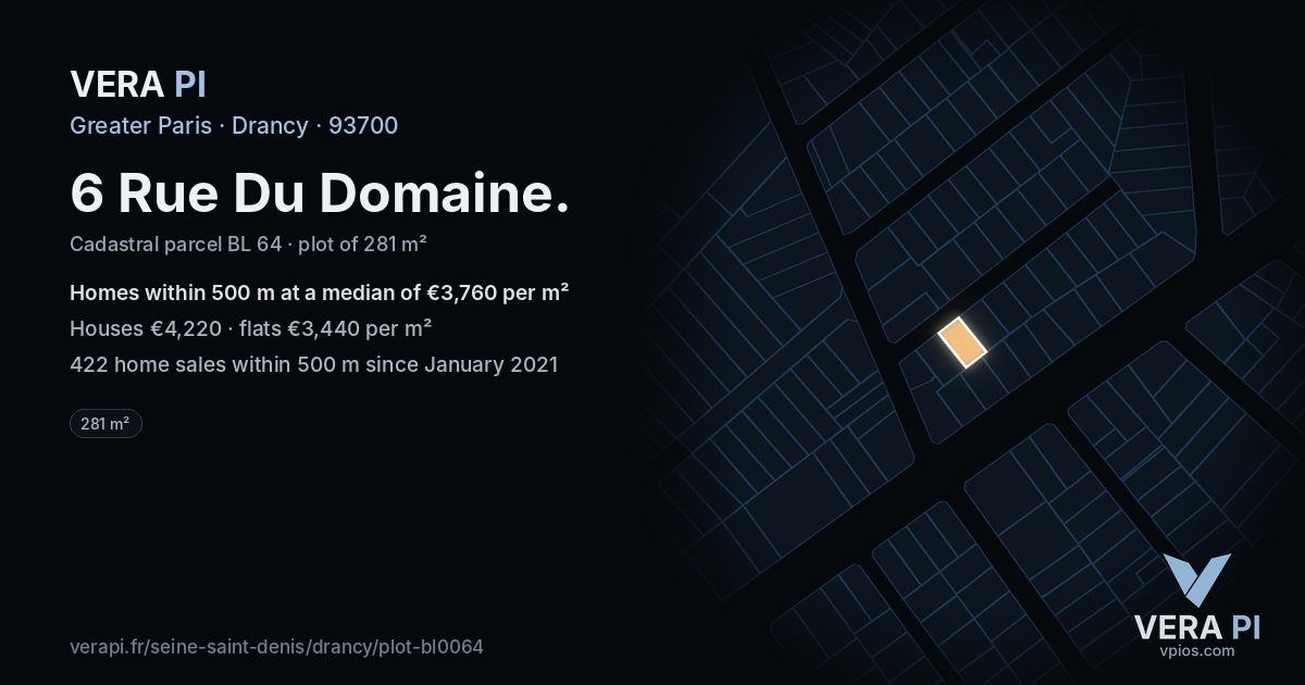 6 Rue Du Domaine, Drancy at night – the plot lit, the parcels around coloured by the prices near them