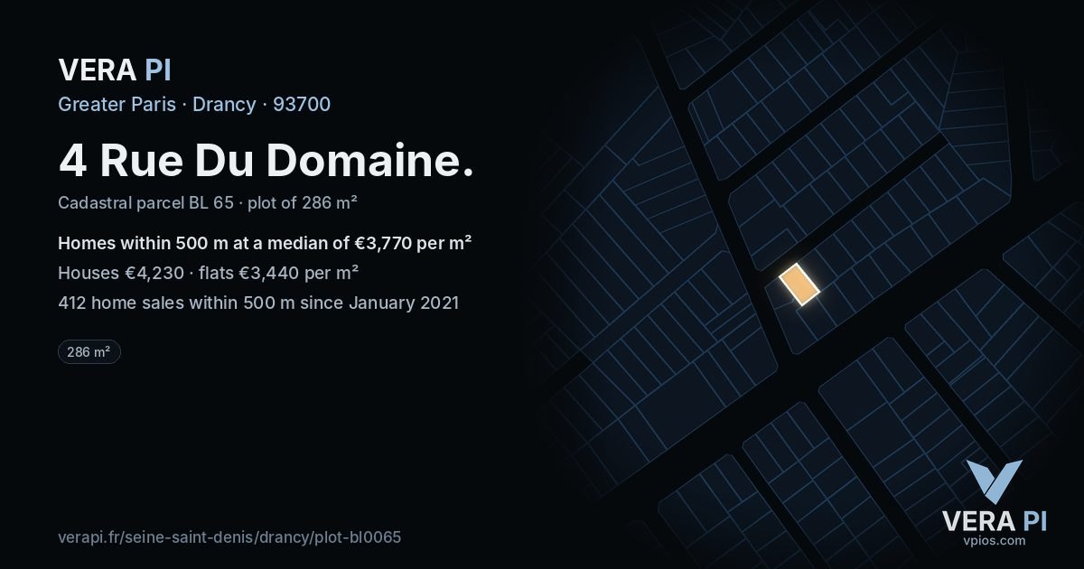 4 Rue Du Domaine, Drancy at night – the plot lit, the parcels around coloured by the prices near them