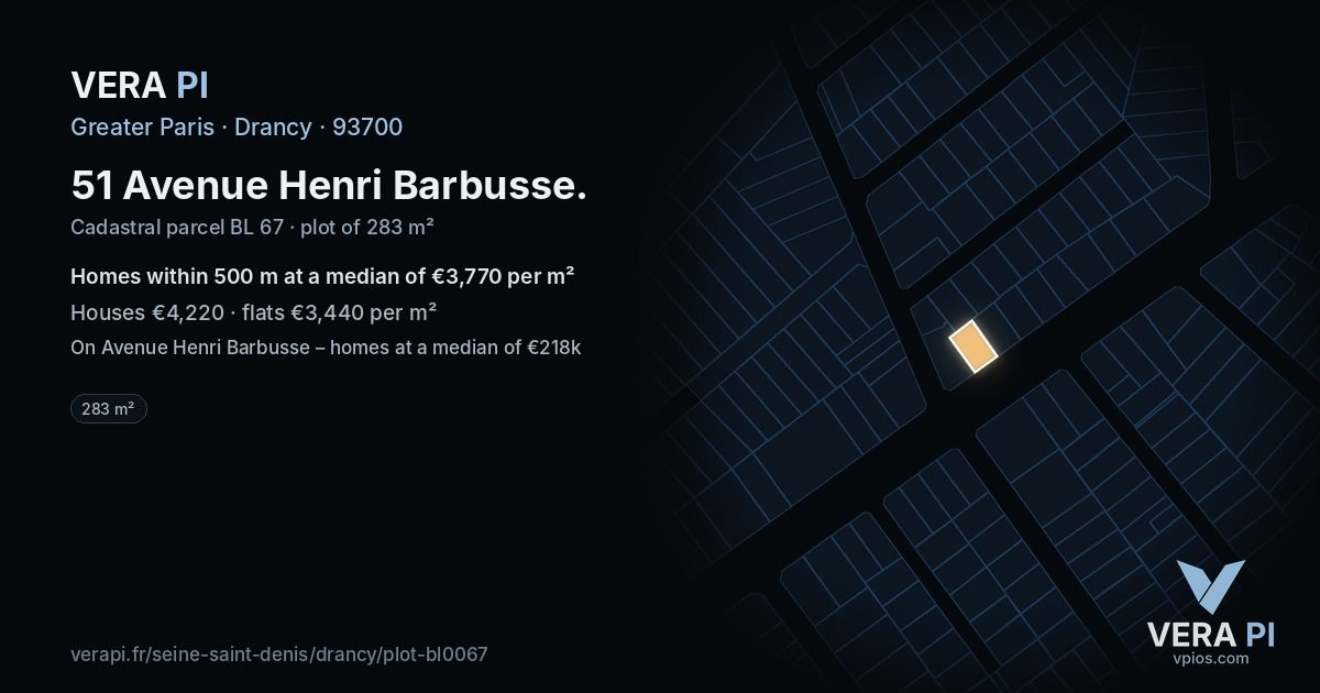 51 Avenue Henri Barbusse, Drancy at night – the plot lit, the parcels around coloured by the prices near them
