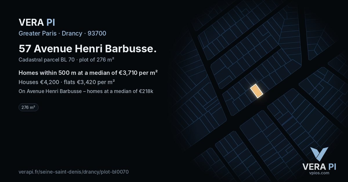 57 Avenue Henri Barbusse, Drancy at night – the plot lit, the parcels around coloured by the prices near them