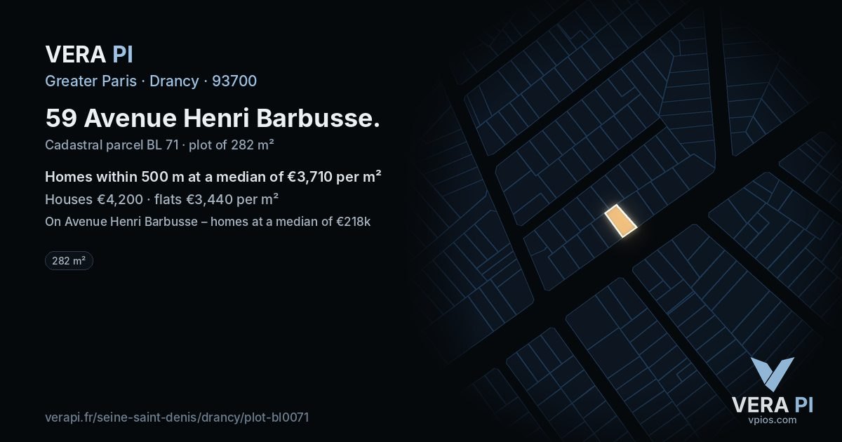 59 Avenue Henri Barbusse, Drancy at night – the plot lit, the parcels around coloured by the prices near them