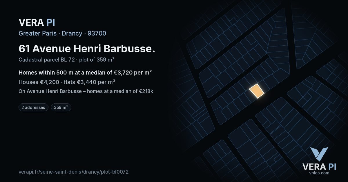 61 Avenue Henri Barbusse, Drancy at night – the plot lit, the parcels around coloured by the prices near them