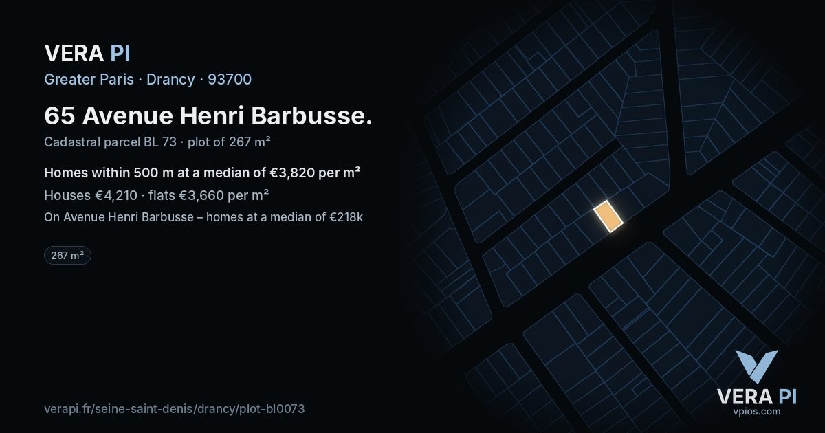 65 Avenue Henri Barbusse, Drancy at night – the plot lit, the parcels around coloured by the prices near them