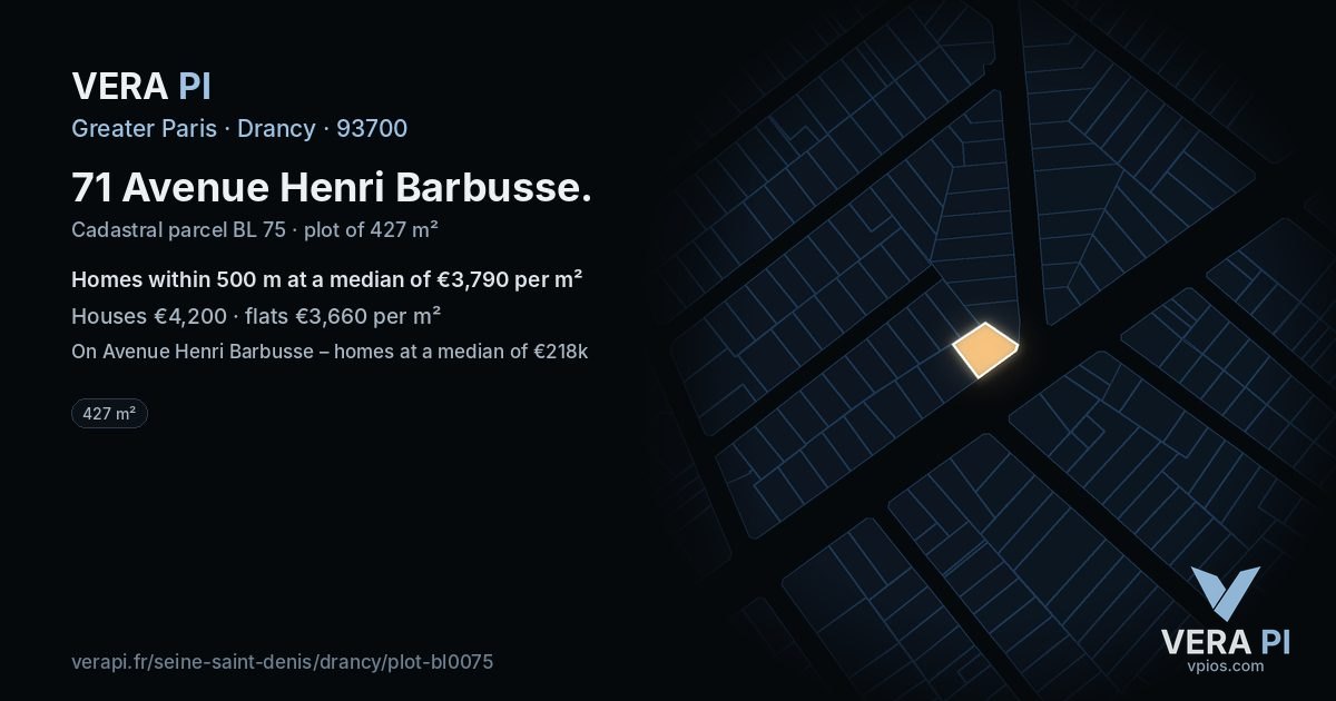 71 Avenue Henri Barbusse, Drancy at night – the plot lit, the parcels around coloured by the prices near them