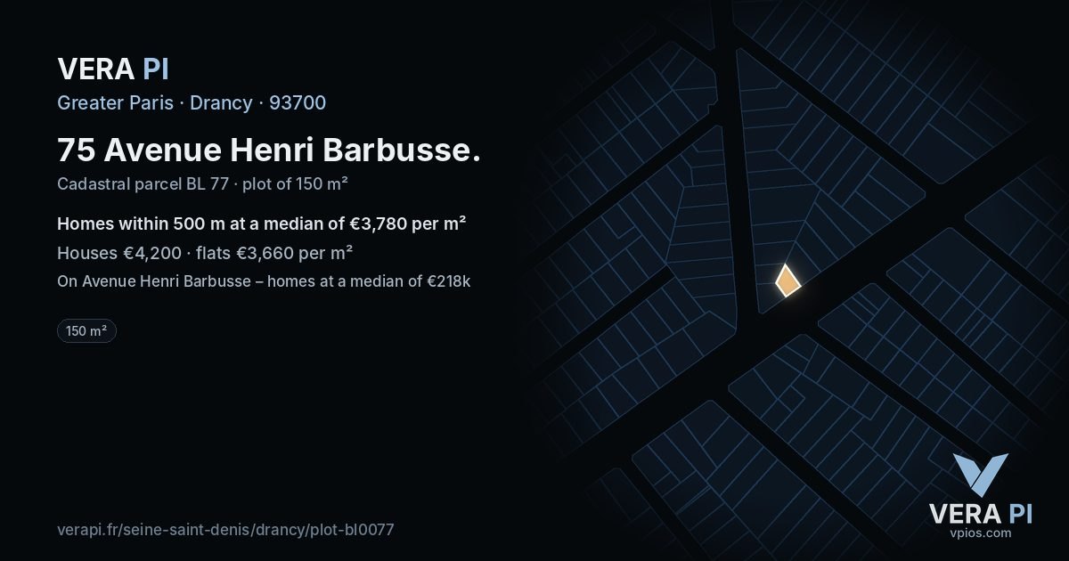 75 Avenue Henri Barbusse, Drancy at night – the plot lit, the parcels around coloured by the prices near them