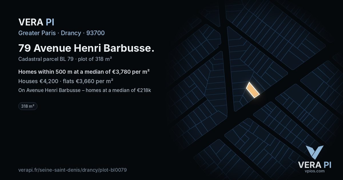 79 Avenue Henri Barbusse, Drancy at night – the plot lit, the parcels around coloured by the prices near them