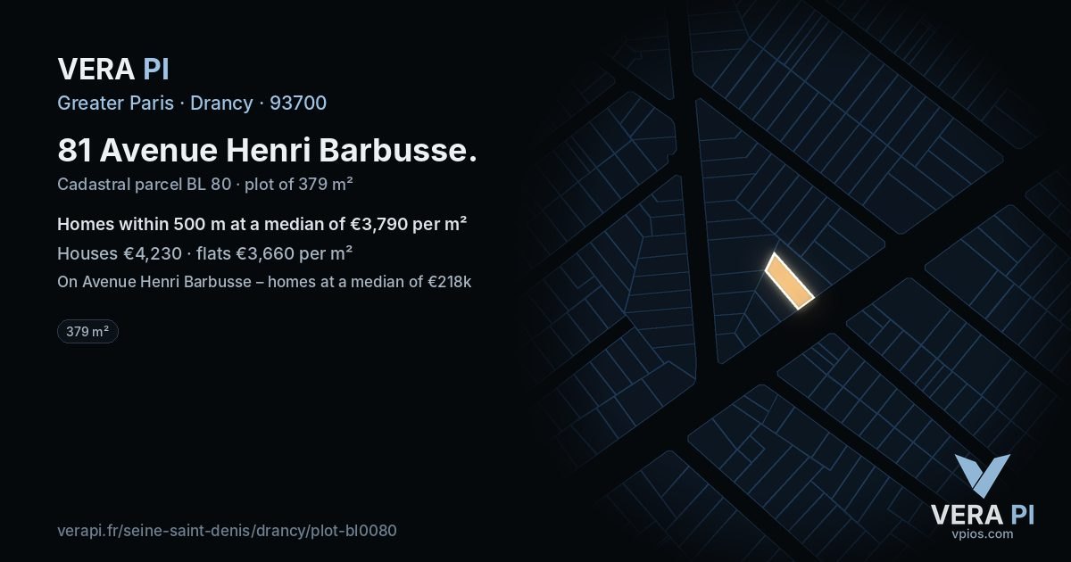 81 Avenue Henri Barbusse, Drancy at night – the plot lit, the parcels around coloured by the prices near them